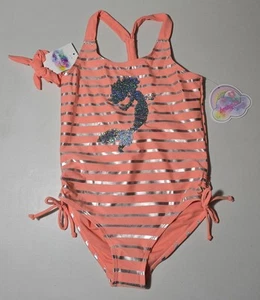 Bwteen New With Tag Orange/Silver Mermaid Swimsuit With Hairbow Size 10 - Picture 1 of 6