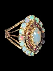Anillo Halo Marquesa Rubí Ópalo Oro Amarillo 14K Vintage Talla 7-8 - Imagen 1 de 16