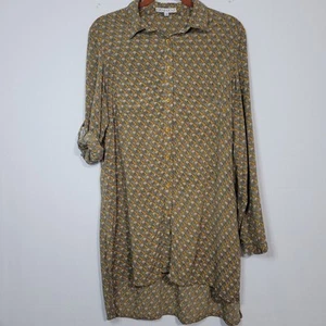 Joy Joy brown long roll tab sleeve owl print button-down shirt dress, size M - Picture 1 of 9