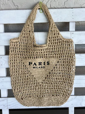 Bolsa tote de malha 'Paris Milano' ráfia natural bordada hobo bolsa de praia bolsa de mão - Imagem 1 de 4
