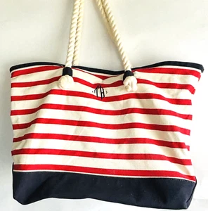 Tommy Hilfiger Canvas Tote Striped Beach Bag Purse Red White Blue - Picture 1 of 5