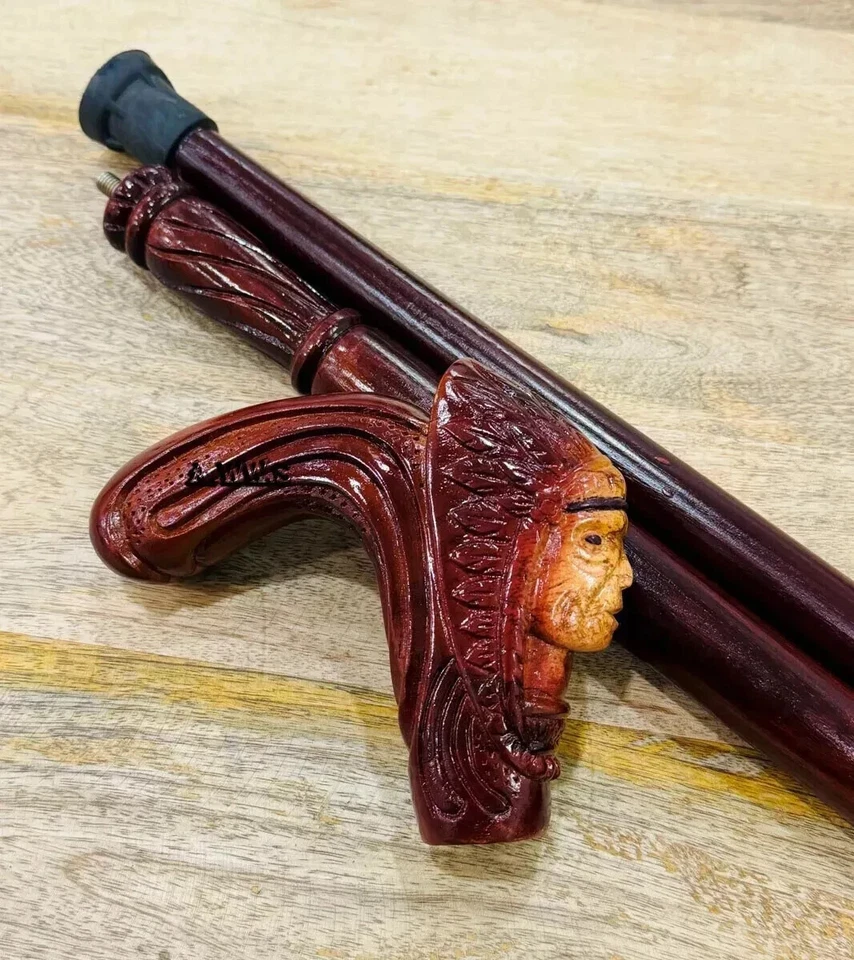 Bastón de madera para caminar jefe indio palo tallado a mano madera hecho a mano para hombres mujeres Foto 1 de 4