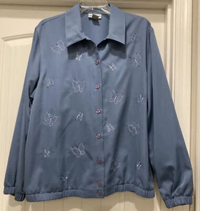 Alfred Dunner Chatham Square Blue Embroidered Beaded Butterflies Jacket SZ 16 - Picture 1 of 12