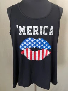 Unisex Black Graphic Red/ White/ Blue " 'MERICA" Lips Graphic Tank Top - Picture 1 of 8