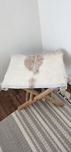 Real Bleached cowhide beige wooden folding Southwestern  stool chair 17x18x16”
