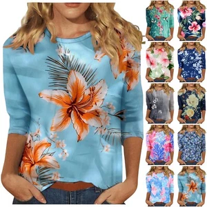 Women's Fashion Casual Three-quarter Sleeve Floral Print Neck Top - Picture 1 of 42