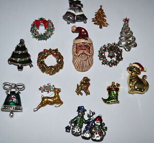 Vintage Christmas Pins Lot of 14 Bling Fun Rhinestones Jewelry