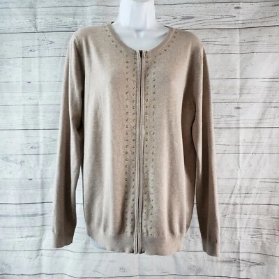 Sahalie 女式毛衣,尺寸 L,棕褐色装饰,全拉链粘纤混纺 — 第 1/4 张图片