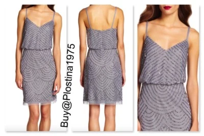  Adrianna Papell Sequin Mesh Blouson Dress Silver Grey 0 4 6 8 10 12  #D115 - Image 1 of 4