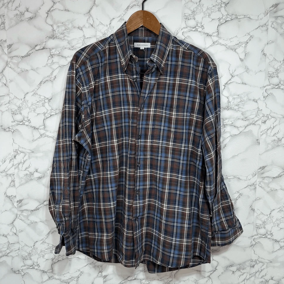 Camisa casual masculina Alex Cannon tamanho G xadrez algodão botão para baixo #F270 - Imagem 1 de 4