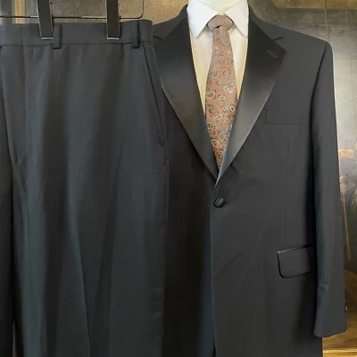 VTG Stafford Formal Wear 46R 40 x 30 2Pc Black 100% Wool Hopsack 1Btn Tuxedo - Image 1 of 4