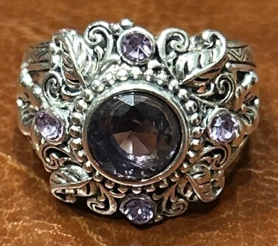 Flor Vintage 925 Chapada en Plata de Ley Amatista Natural Floral Punk Talla 9 Foto 1 de 4