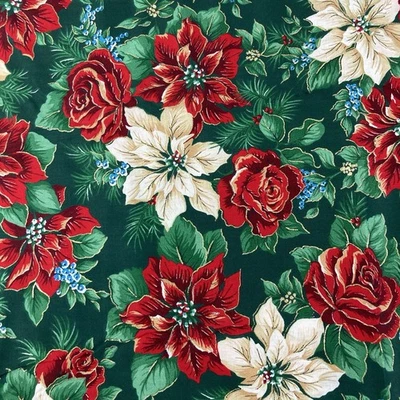 Cotton Fabric Remnant 3 Yards x 44" Wide Christmas Green Red Roses Gold Shimmer - Image 1 of 4