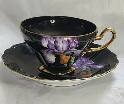Taza de té y platillo vintage Japón Serrena China con patas negras púrpura iris borde dorado Foto 1 de 4