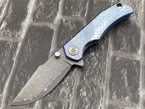 SixLeaf SL-90-Blue Folding Knife Damascus+VG10 Titanium Handle Camping Knife - Picture 1 of 11