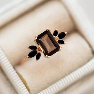 925 Sterling Silver Emerald Cut Smoky Quartz & Black Onyx Women's Ring - Picture 1 of 6