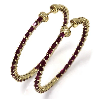 6.6 ctw Natural Baguette Ruby & Diamond Solid 14k Yellow Gold Hoop Earrings 40MM - Image 1 of 4