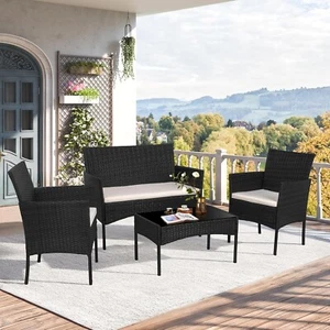Outdoor Patio Rattan Furniture Set Cushioned Sofa Coffee Table 4PCS Conversation - Picture 1 of 14