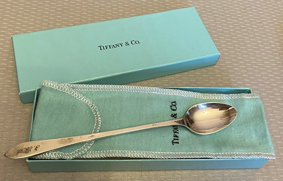 Vintage Tiffany & Co Sterling Silver Baby Feeding Spoon mono w/box pouch 6.25" - Image 1 of 4
