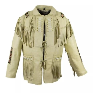 Chaqueta con flecos de cuero de búfalo con cuentas de indio nativo americano, traje del Viejo Oeste - Imagen 1 de 4