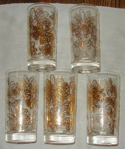 5 VINTAGE FRANK MAIETTA ATOMIC ERA GLASS TUMBLERS, FLOWERS & BEES - Picture 1 of 5
