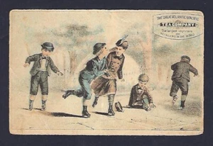 Tarjeta comercial victoriana de la década de 1880 Great Atlantic Tea Co. patinaje sobre ruedas - Imagen 1 de 2
