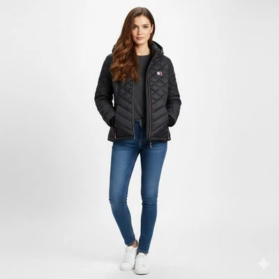 Tommy Hilfiger Chaqueta Puffer Mujer L Negra Acolchada Aislada Cálida Invierno Calle Foto 1 de 4