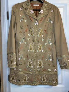 Coldwater Creek Coat Paisley Embroidered Tan Jacket Lined Womens Size 14 *FLAW - Picture 1 of 17