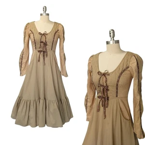 Vintage 70s Gunne Sax Corduroy Calico Midi Dress Size S 7 Tie Front Floral - Picture 1 of 10