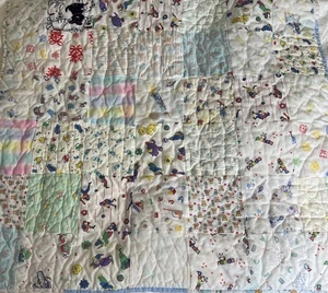 Vintage Patchwork baby blanket handmade pattern flannel unisex 37"x42" 80's - Picture 1 of 13
