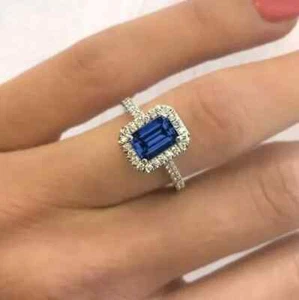 Anello di fidanzamento aureola 2,50 ct placcato oro bianco 14 carati creato in laboratorio zaffiro blu - Foto 1 di 4