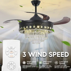 42" Retractable Ceiling Fan Light Crystal LED Chandelier Remote 3-Speeds 3-Color - Picture 1 of 17