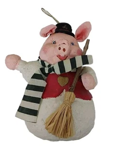 Folk Art Snowman Pig Christmas Papier Mache Ornament Figurine Vintage Style - Picture 1 of 11