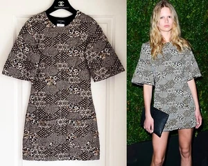 CHANEL 15C DUBAI BLACK GOLD WHITE KNIT CC LOGO GRIPOIX BUTTONS MINI DRESS 42 - Picture 1 of 15