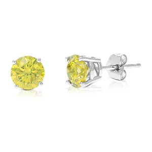 Yellow Diamond Stud Earrings 14k White or Yellow Gold Round Shape with Push - Picture 1 of 5