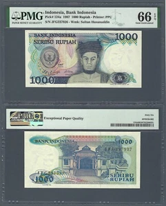 INDONESIA 1000 Rupiah 1987, P-124, PMG 66 EPQ Gem UNC, Long Obsolete Type - Picture 1 of 1