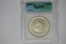Germany: Weimar Republic- 1929-A 5 Mark- ICG AU-53.  Lovely PQ coin!!