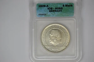 Germany: Weimar Republic- 1929-A 5 Mark- ICG AU-53.  Lovely PQ coin!! - Picture 1 of 5
