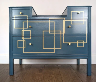 Geometric blue and gold chest of drawers with mirrors - image 1 of 4