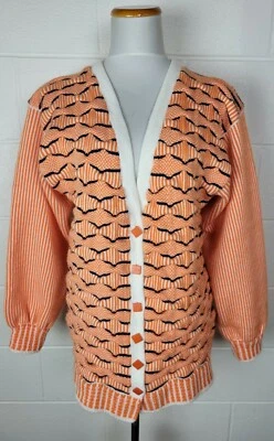 复古女式疯狂橙色波浪 3D 粗针织开衫毛衣抽象条纹 L? — 第 1/4 张图片
