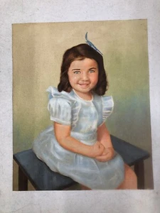 Vintage 1950 Original Portrait Gemälde auf Karton * junges Mädchen blaues Kleid ~ unsigniert - Bild 1 von 7