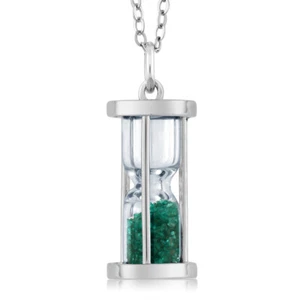 925 Sterling Silver Emerald Dust Hourglass Pendant Necklace For Women (0.75 - Picture 1 of 4