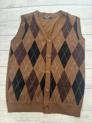 Paul Jones Sweater Vest Mens Medium Brown Sleeveless Argyle Button Front Knit - Image 1 of 4
