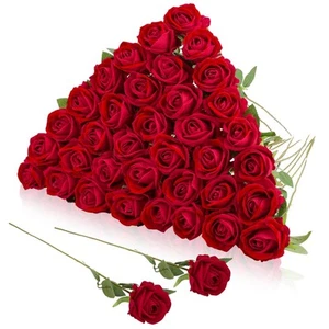 36 Pcs Velvet Silk Red Rose Bouquet Bridal Artificial Flowers,Fake Rose Long ... - Picture 1 of 9