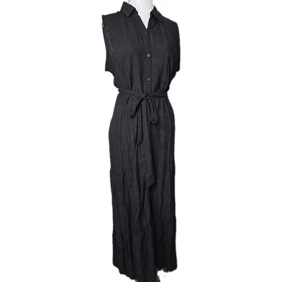 Vestido Croft & Barrow Negro Rayón Midi Mediano M Nuevo con Etiquetas Botón Frontal Bolsillos con Cinturón Foto 1 de 4