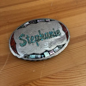 Sonderanfertigung Name STEPHANIE Türkis Koralle Abalone Inlay Western Gürtelschnalle - Bild 1 von 6