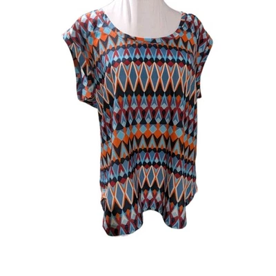 J.Crew женщин размер 12 средний геометрический принт синий оранжевый красный блузка верхняя рубашка - Изображение 1 из 4