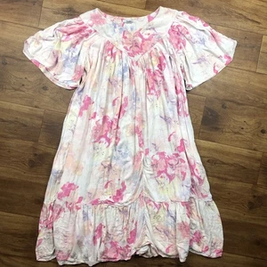 Go Softly Patio Women Sz L White Pink Floral House Dress Pockets  - Picture 1 of 8