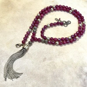 Lucky Brand Red Bead Necklace, Boh0 Buddhist Mala Inspired Gold Tone Tassel - Picture 1 of 10