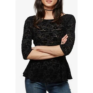 Top de chenilla Free People talla pequeña negro encaje peplum cuello redondo en la espalda - Imagen 1 de 9